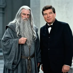 a photograph of jfk standing next to gandalf the grey