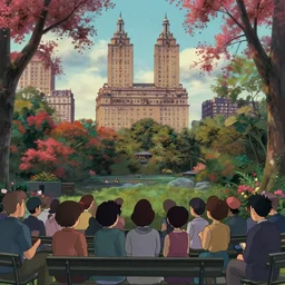 a film still of a open air kino in central park new york, wide shot, waist up, wes anderson, studio ghibli, pixar and disney animation, sharp, rendered in unreal engine 5, anime key art by greg rutkowski, bloom, dramatic lighting