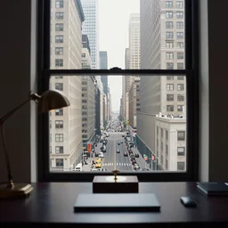 award winning photo of a street in new york, view from a skyscraper's window through a desk, by saul leiter, photography, detailed, beautiful, real, extremely precise, elegant