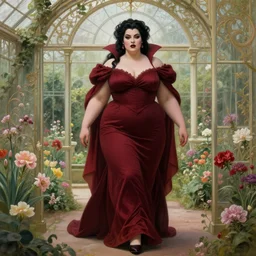 a stunning matte portrait of a thicc and voluptuous black haired vampire queen wearing a floor length dark crimson dress walking through a flowering garden, greenhouse in the background, intricate, elegant, highly detailed, digital painting, artstation, sharp focus, illustration, art by rebecca guay and arthur rackham and alphonse mucha and john william waterhouse, pixv