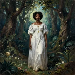 a celestial renaissance painting of a black woman wearing a white dress in the middle of a magical florest, magical, octane render, renaissance, boguereau, venus, nymph