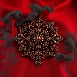 digital art of a beautiful decorative ornament on a background of red gucci fabric and black smoke, hyper realistic full of details, canon eos, zbrush, artstation, greg rutkowski