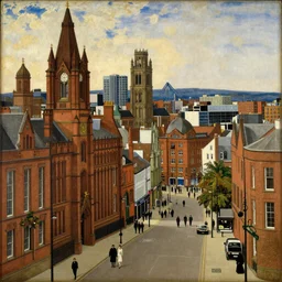 A Pre-Raphaelite painting of the city of Manchester