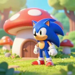 a little happy sonic the hedgehog outside a cute mushroom house in the forest, sun light, macro photo, pastel colors, colorful, sidefx houdini vfx mantra render