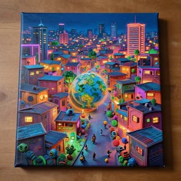 stylish - caricature - environment concept - art of a neon lit ajegunle slum in nigeria, photographed by vivian maier, unreal engine 3 d vfx render, digital illustration by mike winkelmann, intricate detail, sharp, volumetric light, ray tracing, soft light, colourful, claymation, top view acrylic on canvas, cinestill, rule of thirds,