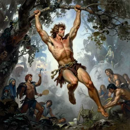 tarzan swinging from trees, by Frank Frazetta, Greg Rutkowski, Boris Vallejo, epic fantasy character art, Exquisite detail, post-processing, low angle, masterpiece, cinematic