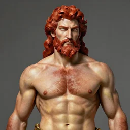 painted portrait of rugged hephaestus, god of blacksmiths, greek god, red hair, masculine, mature, handsome, upper body, red and gold, muscular, hairy torso, fantasy, intricate, elegant, highly detailed, digital painting, artstation, concept art, smooth, sharp focus, illustration, art by gaston bussiere and alphonse mucha