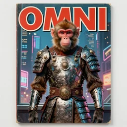 1979 OMNI Magazine Cover of vervet monkey in Mongolian armor. window showing neo-Tokyo streets behind her. in cyberpunk style by Vincent Di Fate