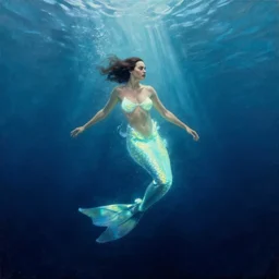 Full body photo of the beautiful woman Gal Gadot as a siren, she is swimming under the sea, she has a glow coming from her, she is getting illuminated for rays of light that cross the sea, the photo was taking by Annie Leibovitz, matte painting, oil painting, naturalism, 4k, 8k