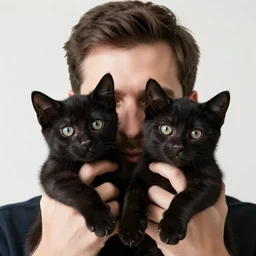 a head and shoulders photography of a man holding two black kittens covering his face, realistic 4k