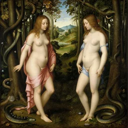an amazing realistic painting of adam and eve in the beautiful garden of eden with a beautiful snake, by jan van eyck, amazing detail, beautiful art, smooth, elegant, intricate, award winning