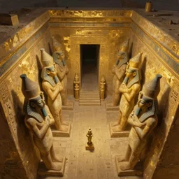 fantasy oil painting, extreme perspective, aerial view of egyptian statues, as a dnd cover illustration, inside of a golden tomb, desaturated, ominous dungeon, cursed, comfy, highly detailed, digital art, smooth, sharp focus, art by brothers hildebrandt, and paul bonner