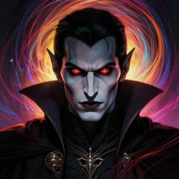 full face epic portrait, vampire with glowing eyes, elden ring, matte painting concept art, midjourney, beautifully backlit, swirly vibrant color lines, majestic, cinematic aesthetic, smooth, intricate, 8 k, by ilya kuvshinov, artgerm, darius zawadzki and zdizslaw beksinski