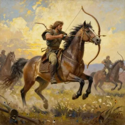 A centaur prancing, and shooting an arrow by a bow in a battle at golden hour, epic, fantasy, oil painting