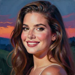 Lana del Rey, smooth painting, art, detailed, colorful, smiling, beautiful hair, deep look, intense atmosphere