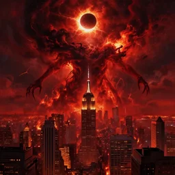 poster style, a beautiful and terrifying painting with high details of! dream an digital art of fire red alert storm that destroys dark souls like new york city with eclipse, movie atmosphere, movie lights, 8 k, light effect, rtx on, trending on artstation, by kilian eng, lee madgwick, bastien lecouffe - deharme