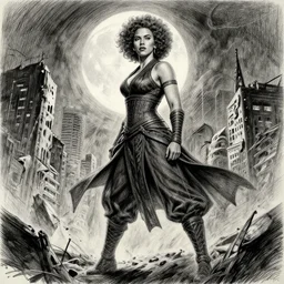 elegant, intricate detail, looking towards camera, scarlett johansson, afro samurai style, dramatic pose, full body profile, dynamic wide angle lens, by rey bustos pencil and ink, full moon lighting, fully clothed, in a post apocalyptic city, dramatic lighting, renowned for super accurate and correct human anatomy!!!