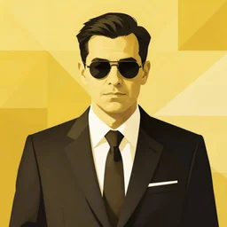 mobster in a suit and tie. portrait. digital art, bauhaus, angular, geometric, symmetrical. yellow color theme. flat, solid background.