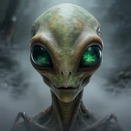 portrait of alien with large black eyes and a very long forehead. green semitransparant cloudy lightly glowing eyes. high quality photorealistic octane render 4 k raytraced, real photo, hyperrealism, 2 0 2 2, volumetric fog, subsurface scattering, scary, unnerving, serious, dark, fear, concept art in the style of chris foss, trending on artstation, cgstation, symmetric, horror, insect features, reptile features, riddley scott alien features