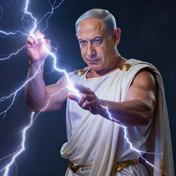 benjamin netanyahu as a greek god of lightning, shooting lightning bolts from hands, highly detailed, ultra clear, by artgerm and greg rutkowski