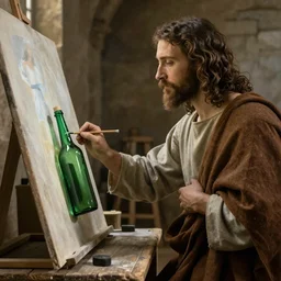 jesus guiding a medieval painter as he paints a green bottle