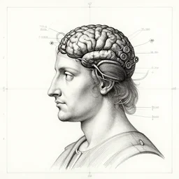 a full page cad drawing by leonardo da vinci of a man with a steampuk brain, cosmic energy wires, surreal, deconstructed, flat, impossible geometry, ink on paper, scientific, very detailed labeling, measurements, contours, super smooth lines, clean edges, smooth details, 8 k uhd, peter mohrbacher, moebius