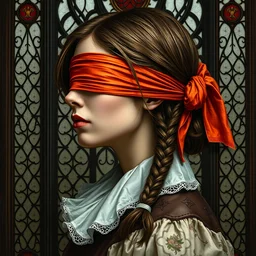 beautiful and detailed side - view portrait of philippa eilhart, a blindfolded woman, covered eyes, red and orange blindfold, white collar, brown pigtails, gothic stained glass window, masterful