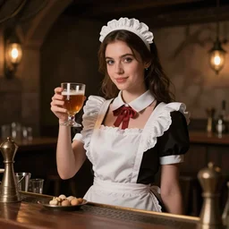 young attractive beautiful bar maid in a medieval tavern at night, 4 k detail fantasy, photo realistic, cinematic, filmic, studio lighting
