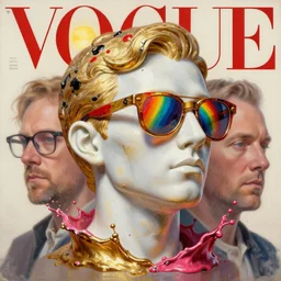 3 d marble statue of fancy head in sunglasses with rainbow on it, multiple splashes of golden and red and black paint, liquid white and pink metal, sun, vogue cover style, poster art, high detail, intricate oil painting, multiple exposure, stanley kubrick mood, hyperrealism, 3 d, by tooth wu and wlop and beeple and greg rutkowski