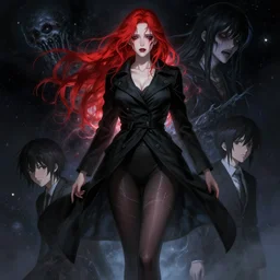 redhead lady in black coat and pantyhose, cosmic horror style, pain, light effect, hyper detailed, intricate, elegant, highly detailed, digital painting, artstation, concept art, matte, sharp focus, illustration, by dan mumford, yusuke murata, makoto shinkai, ross tran - h 7 6 8