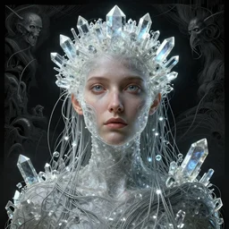 Woman's portrait, crystals, flat background, glowing, wires everywhere, by Edgar Maxence and Ross Tran, Zdzisław Beksiński, and Michael Whelan, distant, gustav dore, H.R. Giger, 8k, octane render