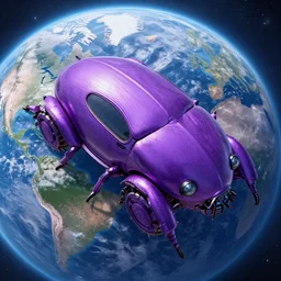 colossal world - sized purple beetle vehicle lands on earth