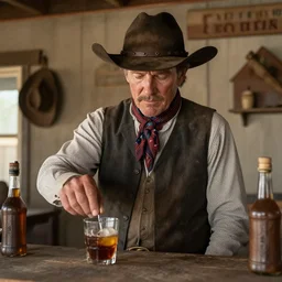 An American Hero visiting the saloon to buy a drink, wild west, detailed, realistic, 4k, sharp focus, decent lighting