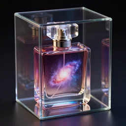 glass box contains galaxy perfume, highly detailed, concept art, realistic, octane render, unreal engine, up close shot