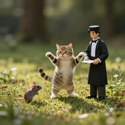 a cat dancing with a mouse servant, tilt shift