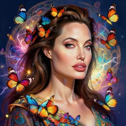 colorful butterflies, build a portrait of angelina jolie, intricate, vibrant colors, glowing light, ambient lightning, digital painting, highly detailed, ray tracing, artstation, concept art, smooth, sharp focus, illustration, art by artgerm and greg rutkowski and alphonse mucha, 8 k