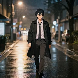 Vtuber Kson Vshojo walking down the street at night, raining, street lights shining