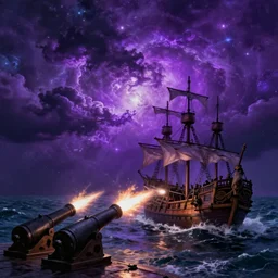 purple color lighting storm with stormy sea close up of a pirate ship firing its cannons trippy nebula sky with dramatic clouds painting by Richard Prince Photorealism