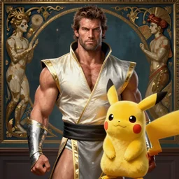 muscular man dressed up as Mortal Kombat pikachu art photo by Annie Liebovitz and Alphonse Mucha