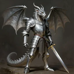 anthro silver dragon wearing a medieval armor, holding a sword, digital art, fantasy art, matte painting, renaissance painting