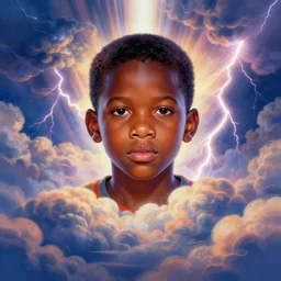 colourful upper half portrait of an african boy inside a group of clouds surrounded by bolts of lightning with rays of light emanating from clouds - in drew struzan movie poster style, art by drew struzan & hsiao - ron cheng, highly detailed, digital painting, ray tracing, illustration, smooth, sharp focus, intricate, symmetry, artstation,