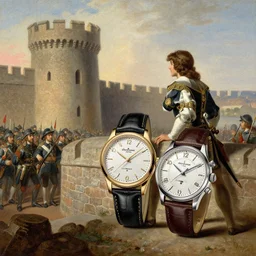 attractive musketeer watches an army approach, he is on a castle wall, painting by gaston bussiere, craig mullins, j. c. leyendecker