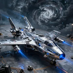 An intricate curve-shaped chrome-plated long military spaceship with blue laser armaments stationed at an industrial landing zone, elite dangerous, blue lights, dark clouds, vortex in the background, realistic 4k octane beautifully detailed render, 4k post-processing, highly detailed, intricate complexity, epic composition, magical atmosphere, cinematic lighting, masterpiece, ultra hd