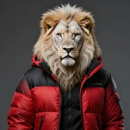 commission portrait of a male anthro albino lion wearing a red-black puffer jacket.dramatic,character design by charles bowater,greg rutkowski,ross tran,hyperdetailed,hyperrealistic,4k,deviantart,artstation,professional photography,concept art
