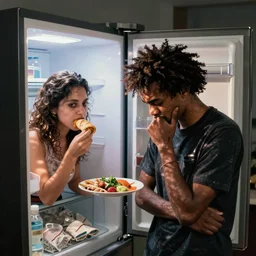 lanky black stoner with bad haircut haircut eating his wife's dinner furtively, open refrigerator and sulking silently