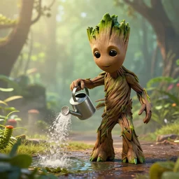 photorealistic wide shot of Groot watering Audrey II from little shop or horrors with a watering can, octane render, unreal engine 4k, volumetric light, fog, detailed –n 9