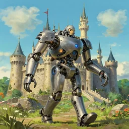 a highly detailed photorealistic mechanical castle walking, in style of ghibli studio, shaun tan, 4 k