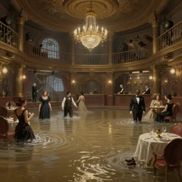 steampunk ballroom flooding, wide shot, cinematic, realistic painting