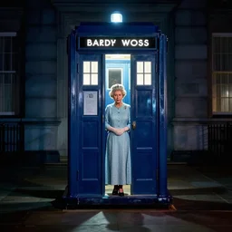 neon palette, Queen Elizabeth II stepping out of the tardis, mysterious, ultrarealistic, cinematic lighting, 4k, wide angle, Bruce Pennington