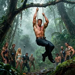mean action shot of muscled Jean-Claude Van Damme swinging from a long tree vine in a misty jungle rain forest, Boris Vallejo, Julie Bell, Zdzisław Beksiński, Ed Binkley, Mark Brooks Frank Frazetta, Greg Hildebrandt, Tim Hildebrandt, Alex Horley, Ralph Horsley, Peter Andrew Jones, Eddie Mendoza, Earl Norem, Greg Rutkowski, Michael Whelan, Artgerm